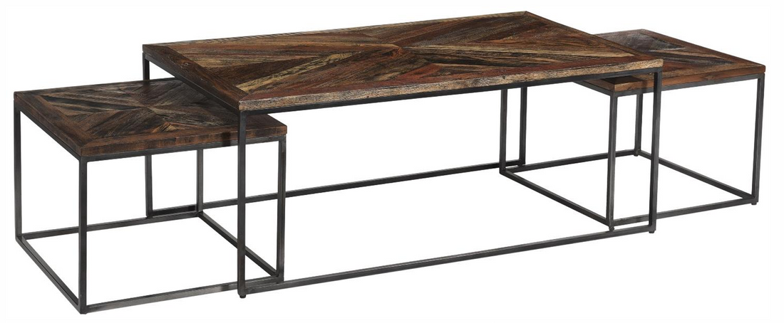 Reclaimed Wood Paraquet Design & Iron Coffee Table - set of three