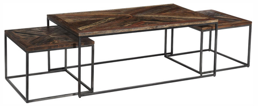 Reclaimed Wood Paraquet Design & Iron Coffee Table - set of three