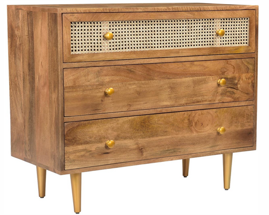 Mango Wood & Rattan 3-Drawer Dresser Cabinet.