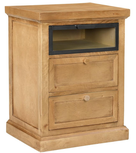 Mango Wood & Veneer 3-Drawer Nightstand with Iron & Glass