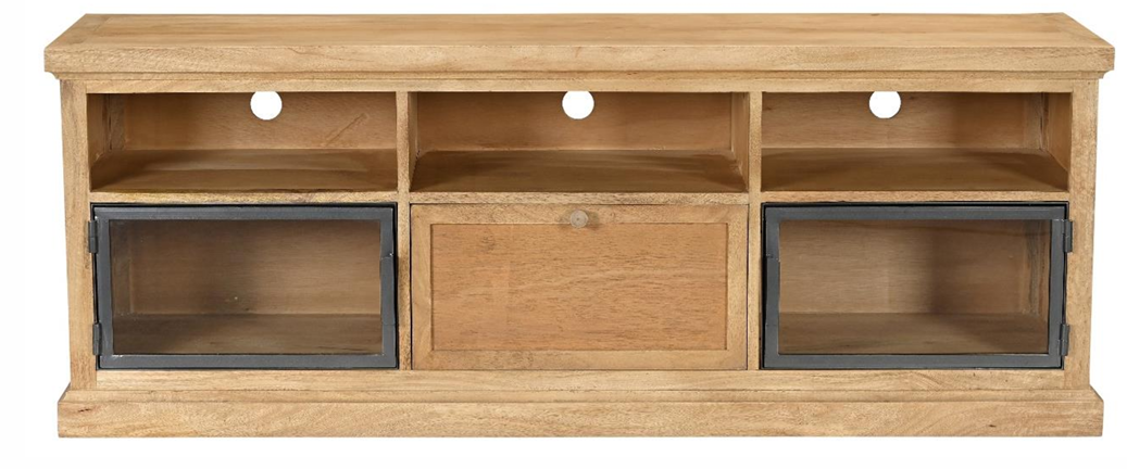 Mango Wood & Veneer 2-Door 1-Drawer TV Cabinet with Iron & Glass