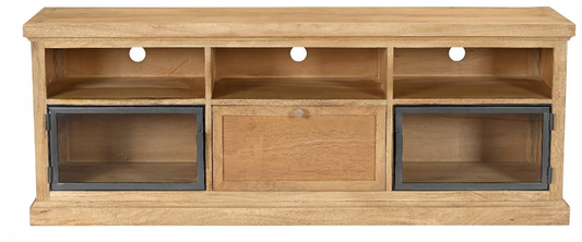 Mango Wood & Veneer 2-Door 1-Drawer TV Cabinet with Iron & Glass