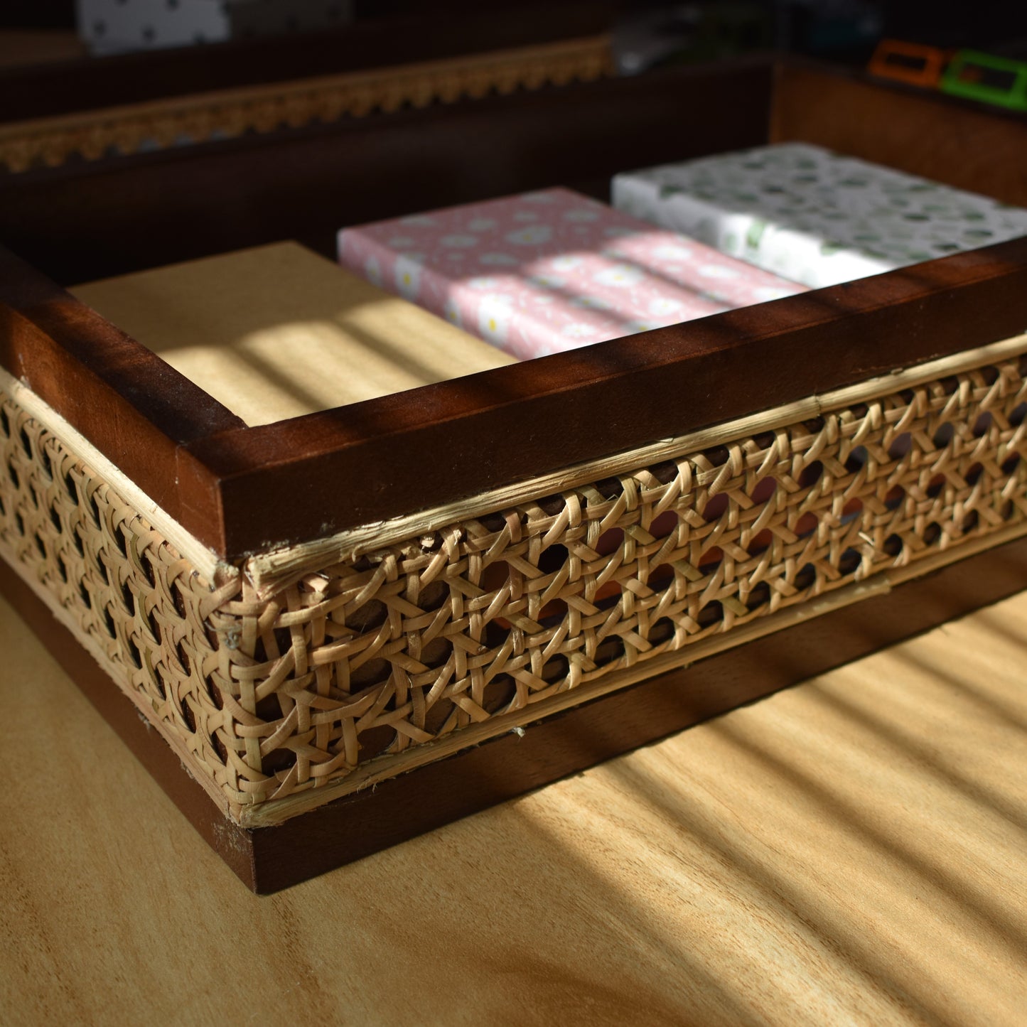 Wooden Tray Set with Rattan Boundary - Set of Three