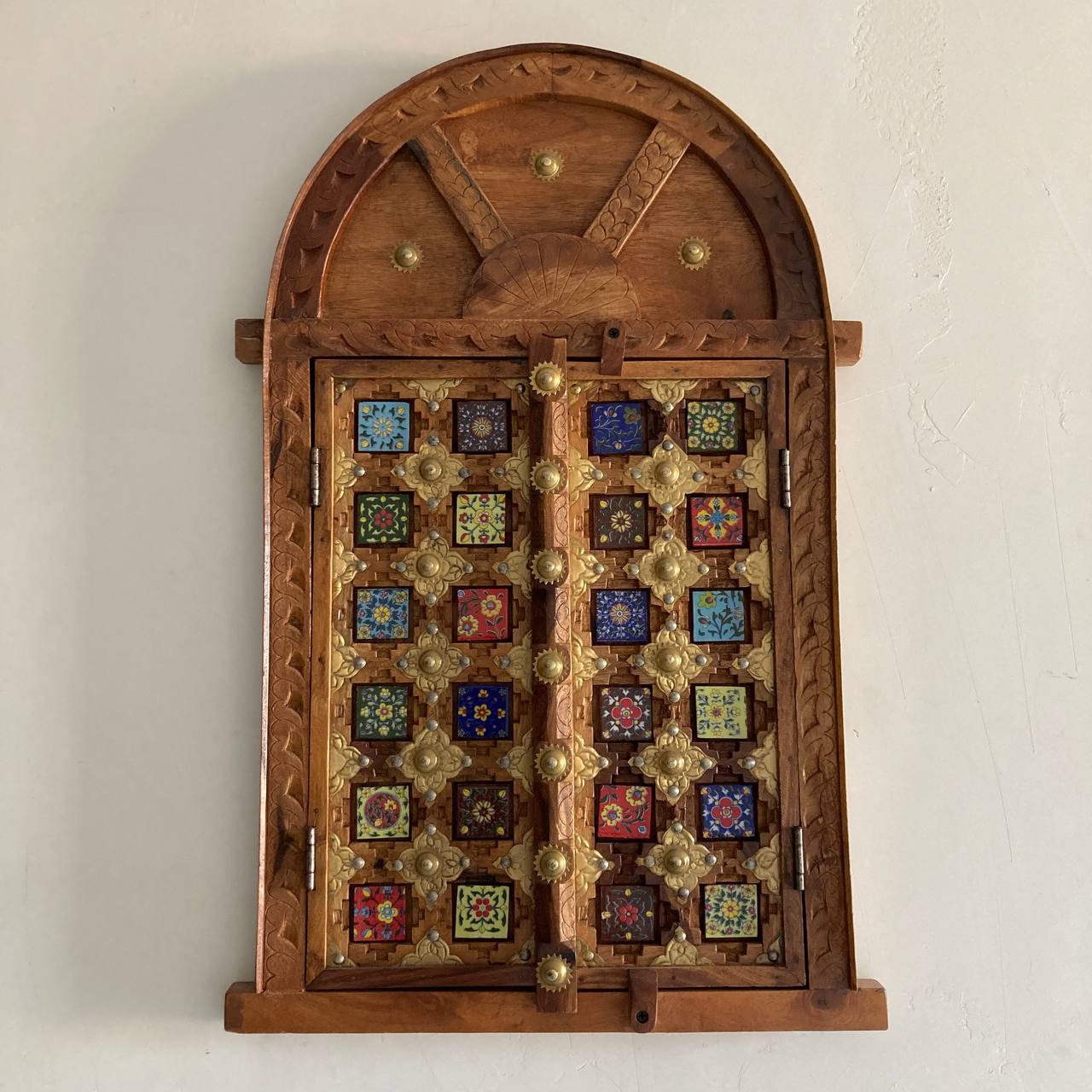 Handcrafted Solid Wood Window with Ceramic Tile Inlay - A Vintage Touch from Jodhpur