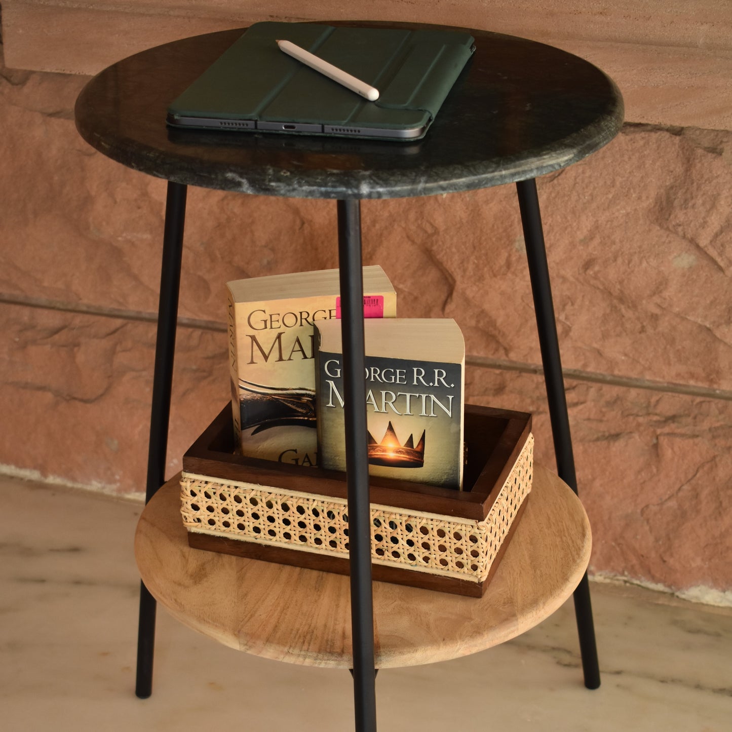 Marble and Mango Wood Circular Table With Iron Legs