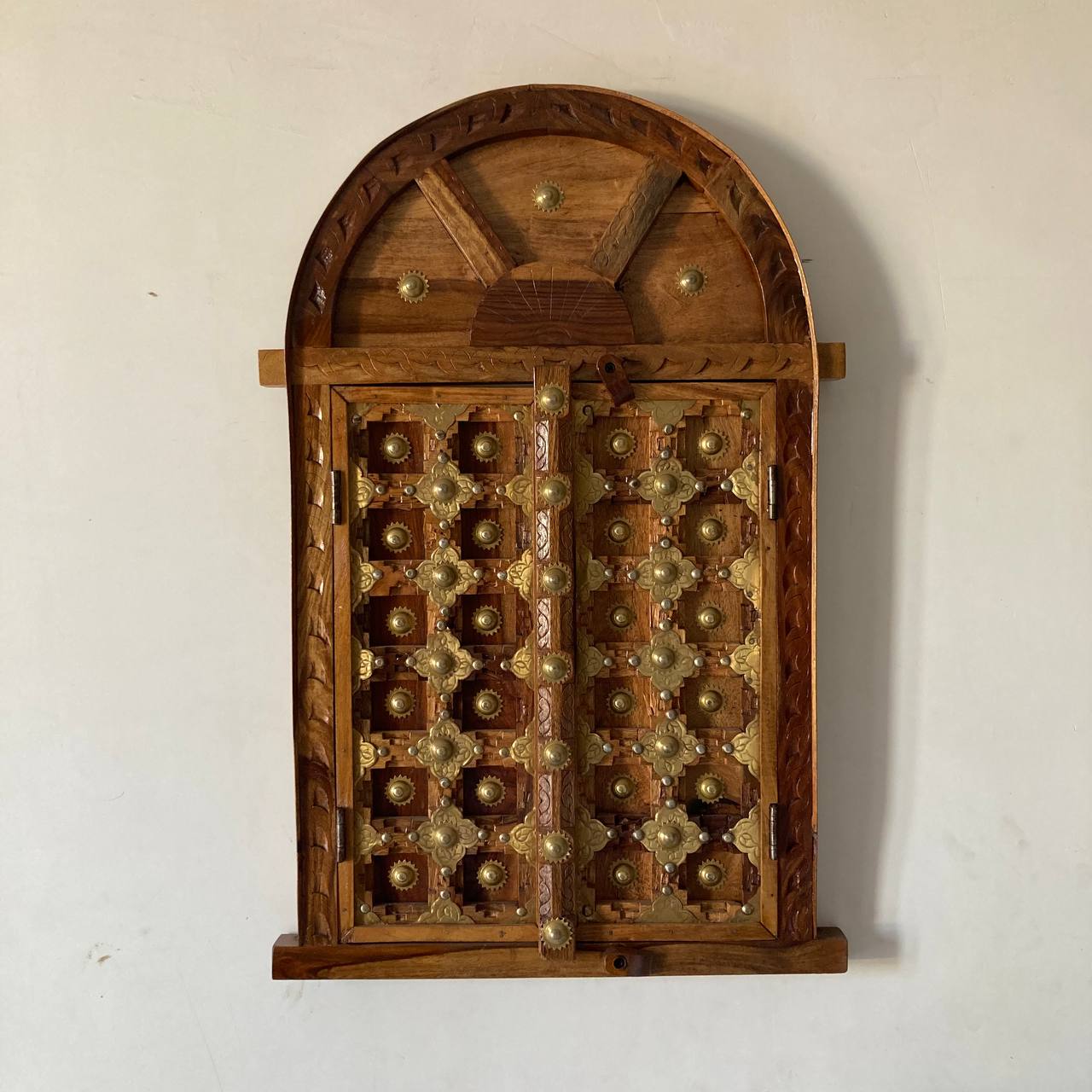 Indune Lifestyle Wooden Window Shaped Wall Piece with Embossed Brass Art - Jodhpur Heritage