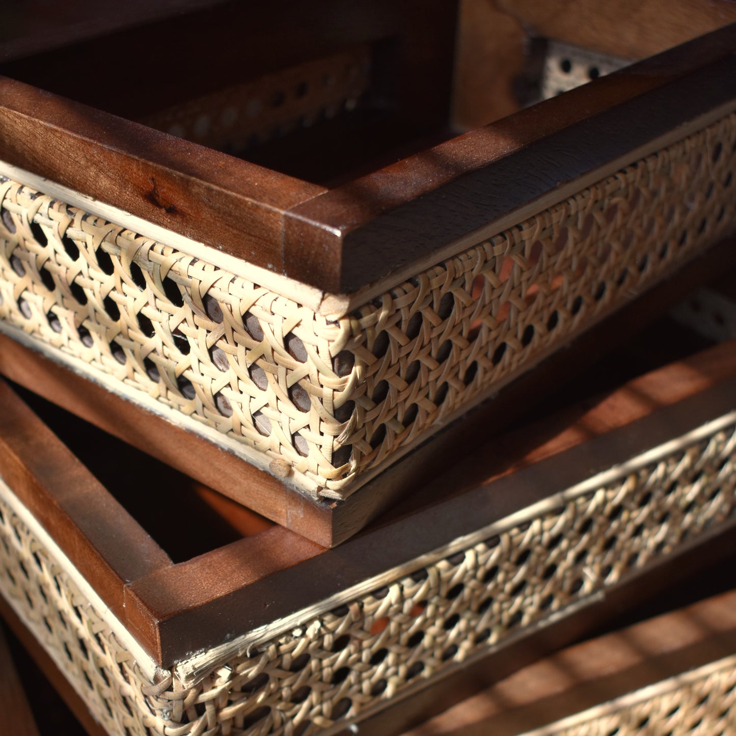 Wooden Tray Set with Rattan Boundary - Set of Three