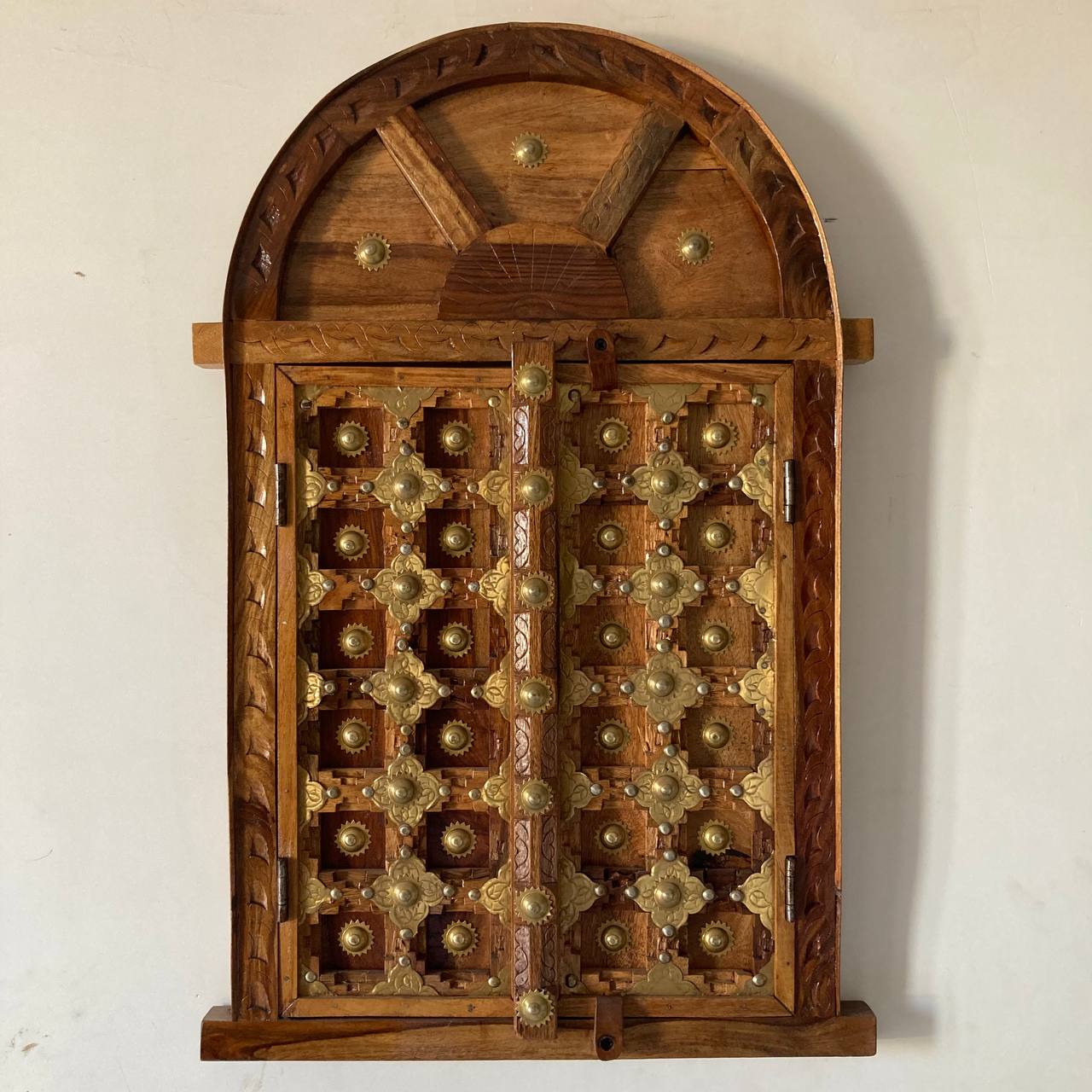 Indune Lifestyle Wooden Window Shaped Wall Piece with Embossed Brass Art - Jodhpur Heritage