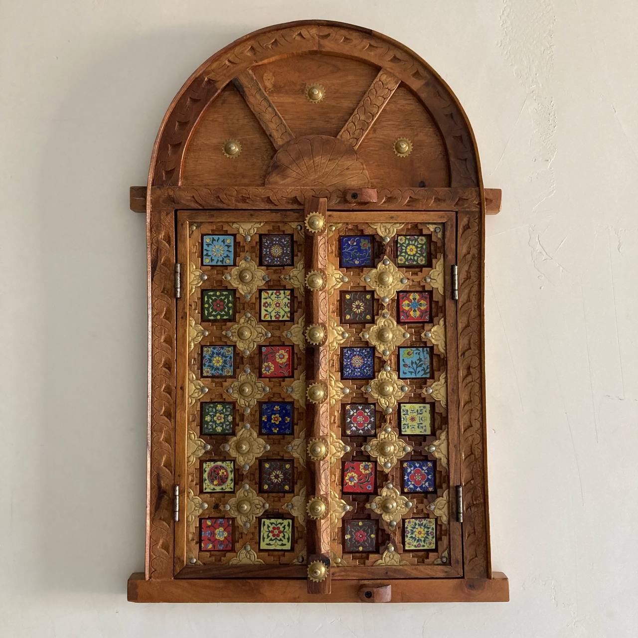 Handcrafted Solid Wood Window with Ceramic Tile Inlay - A Vintage Touch from Jodhpur