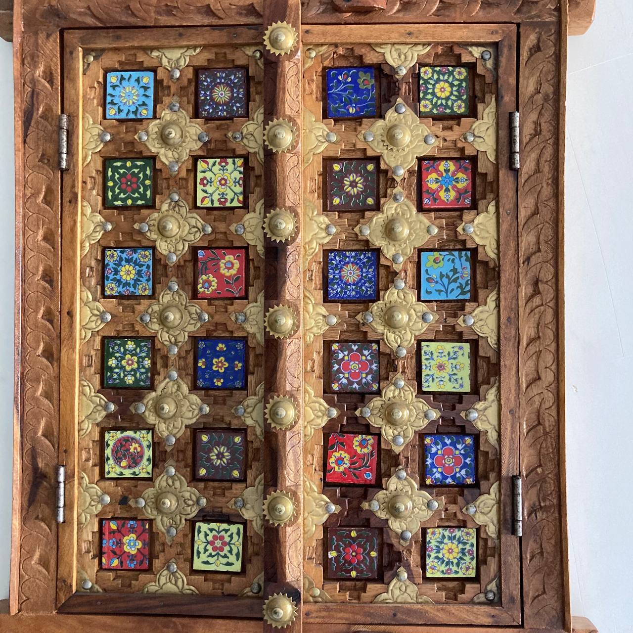 Handcrafted Solid Wood Window with Ceramic Tile Inlay - A Vintage Touch from Jodhpur