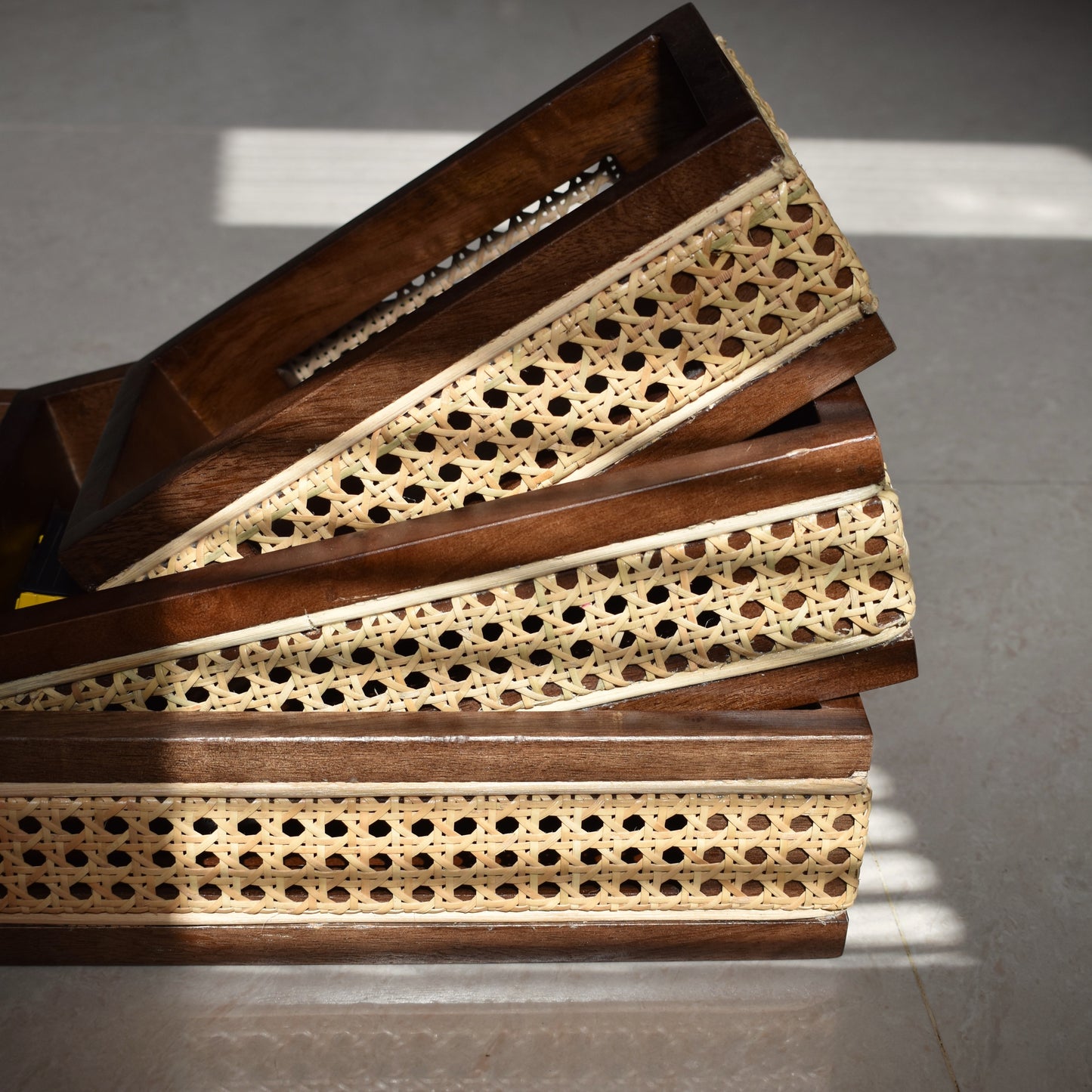 Wooden Tray Set with Rattan Boundary - Set of Three