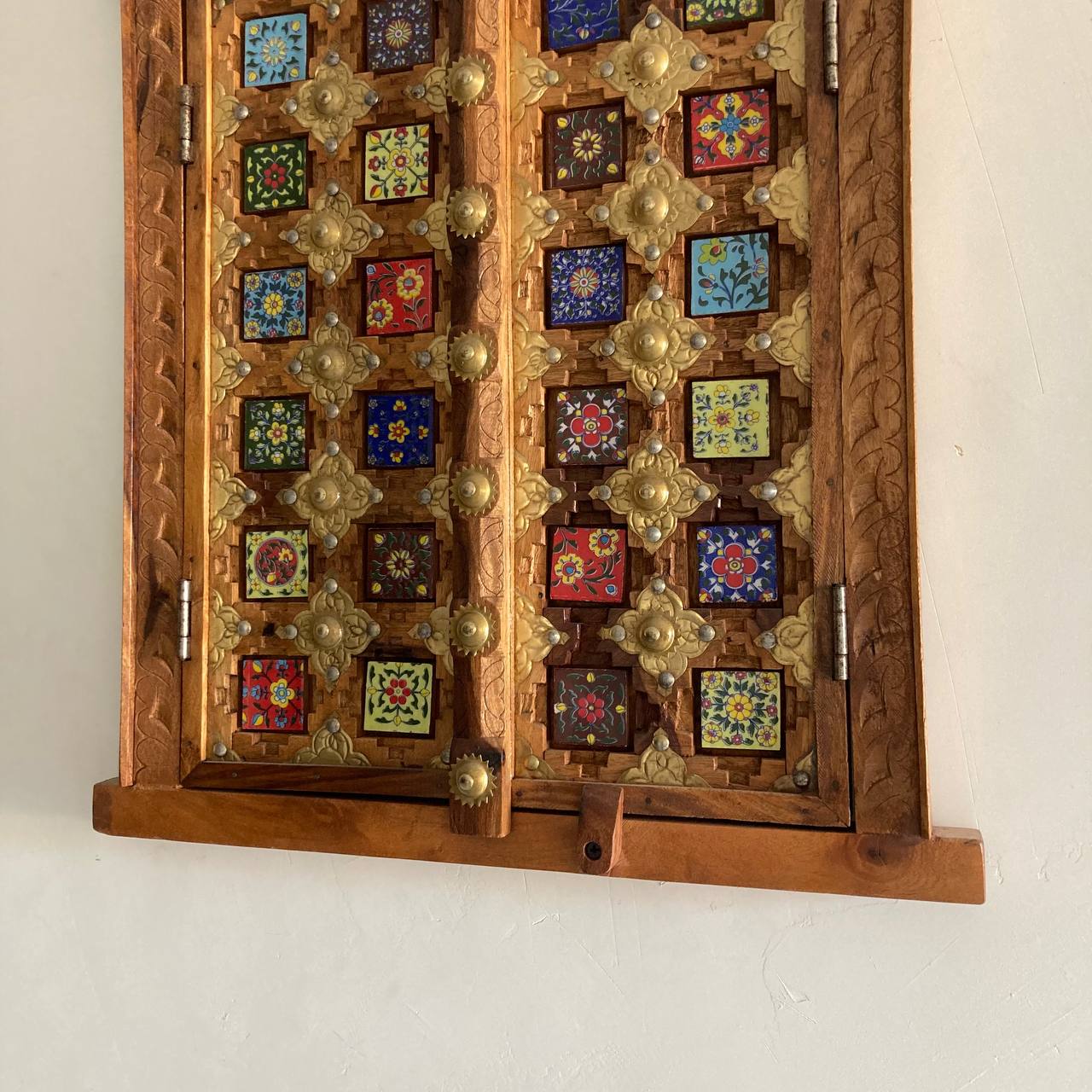 Handcrafted Solid Wood Window with Ceramic Tile Inlay - A Vintage Touch from Jodhpur