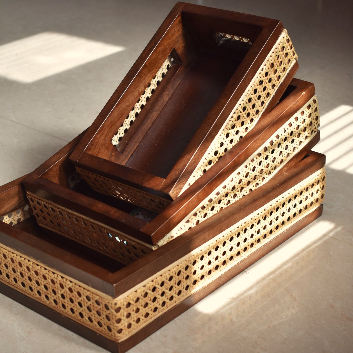 Wooden Tray Set with Rattan Boundary - Set of Three