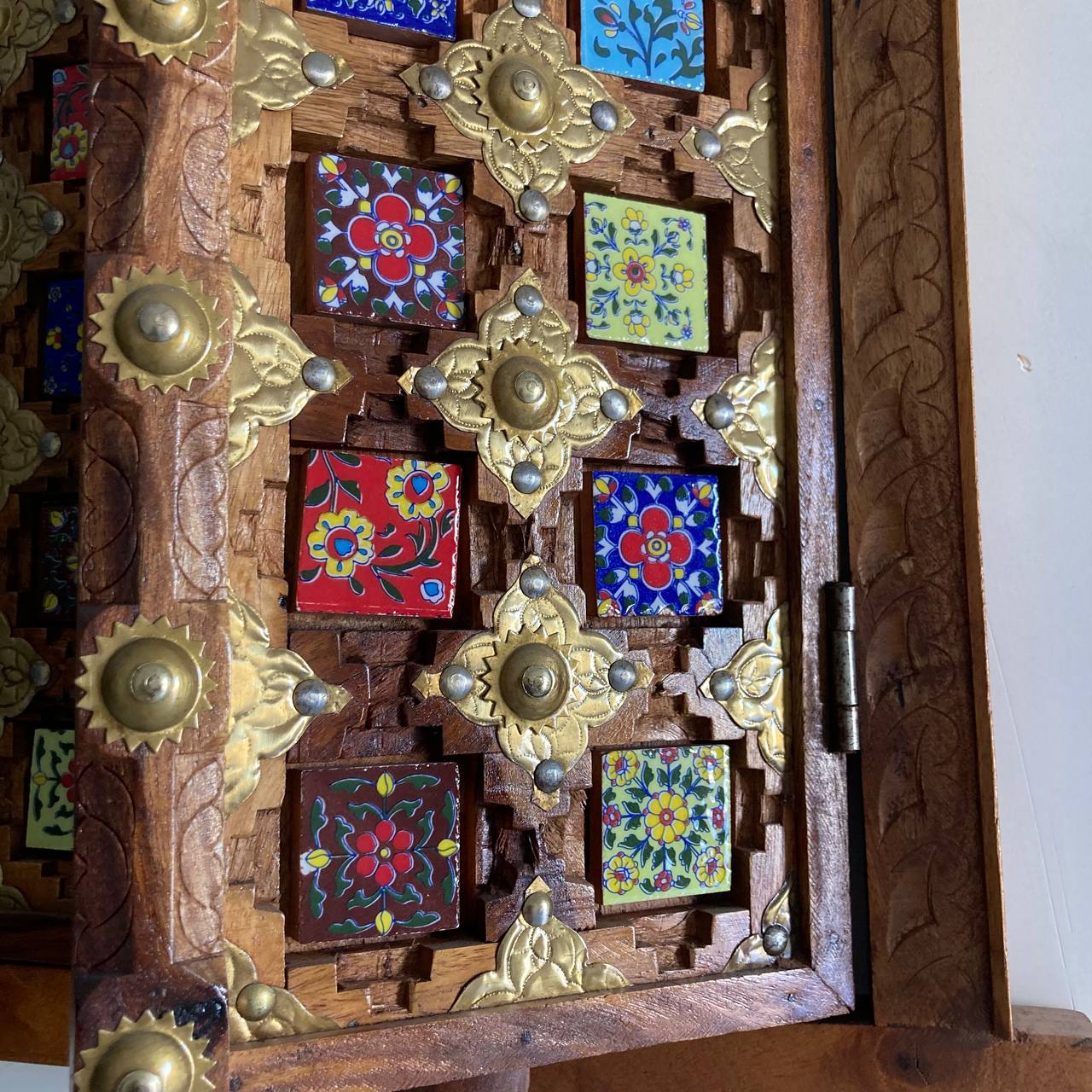 Handcrafted Solid Wood Window with Ceramic Tile Inlay - A Vintage Touch from Jodhpur