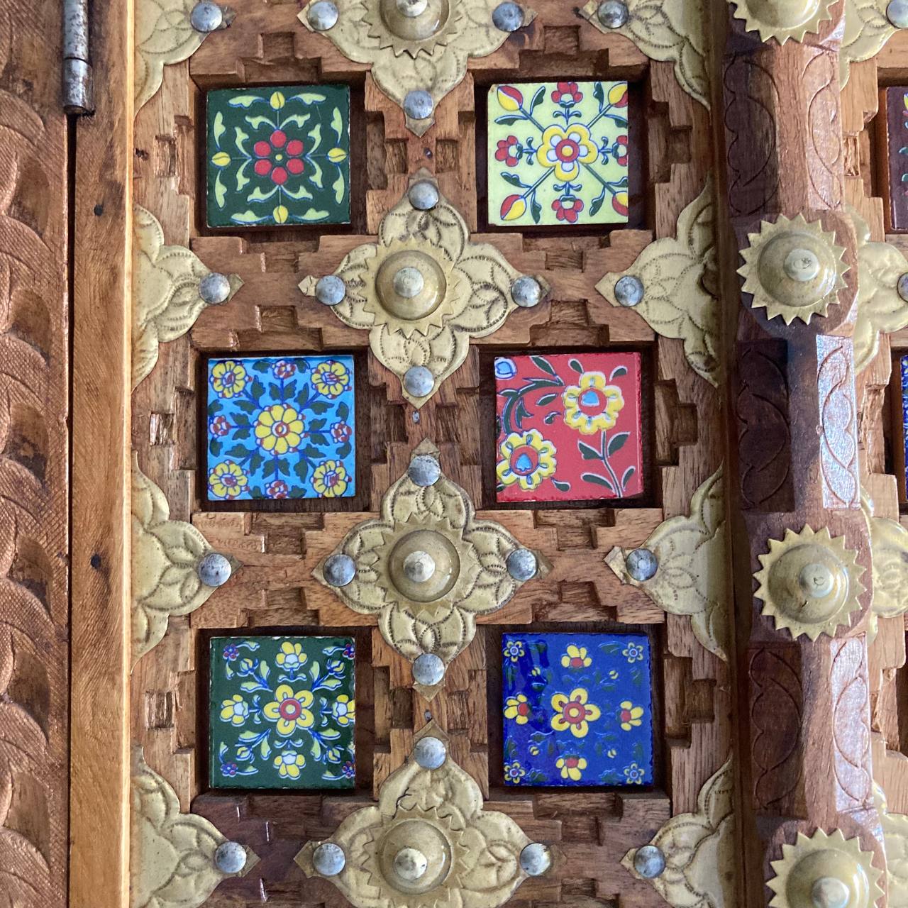 Handcrafted Solid Wood Window with Ceramic Tile Inlay - A Vintage Touch from Jodhpur