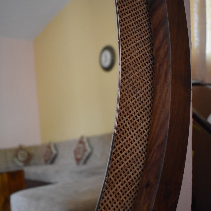 Semi-Circular Mirror with Unique Stitch Pattern | Natural Wood Finish