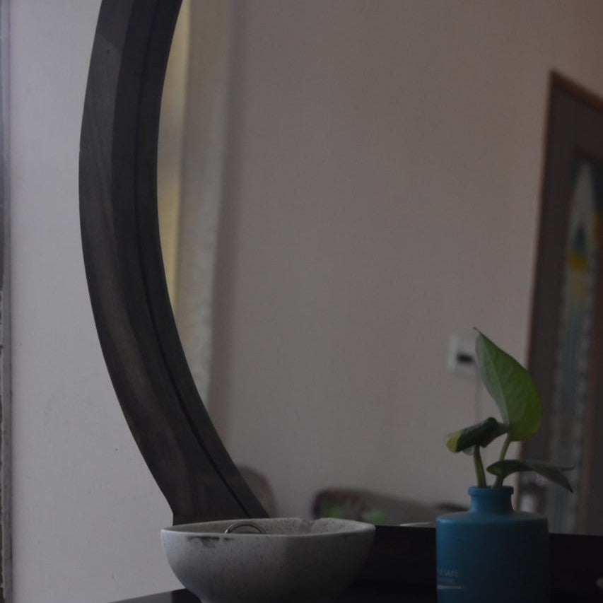 Semi-Circular Mirror with Unique Stitch Pattern | Natural Wood Finish