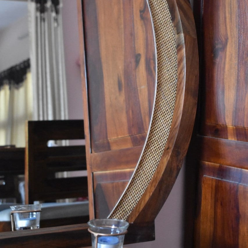 Semi-Circular Mirror with Unique Stitch Pattern | Natural Wood Finish