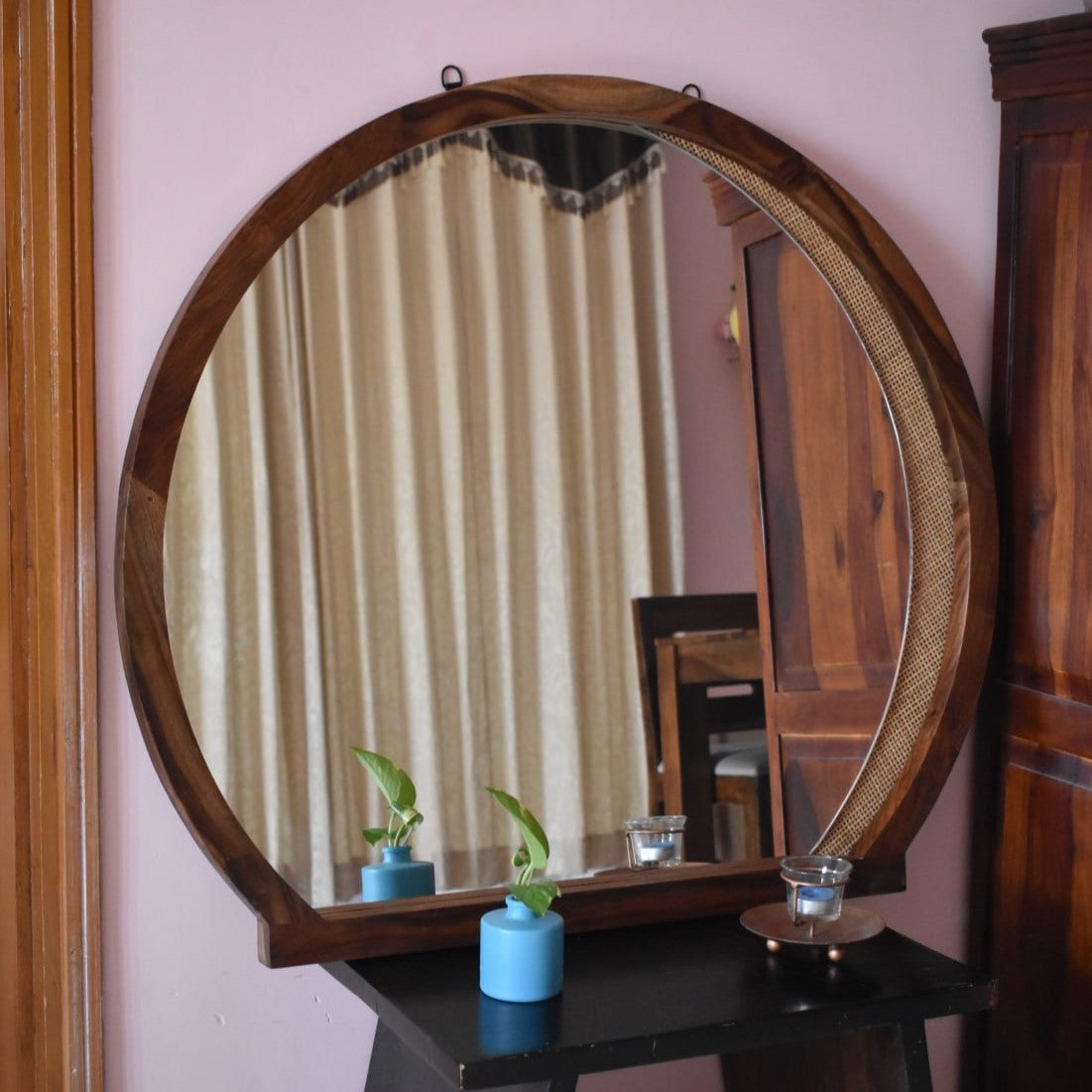 Semi-Circular Mirror with Unique Stitch Pattern | Natural Wood Finish